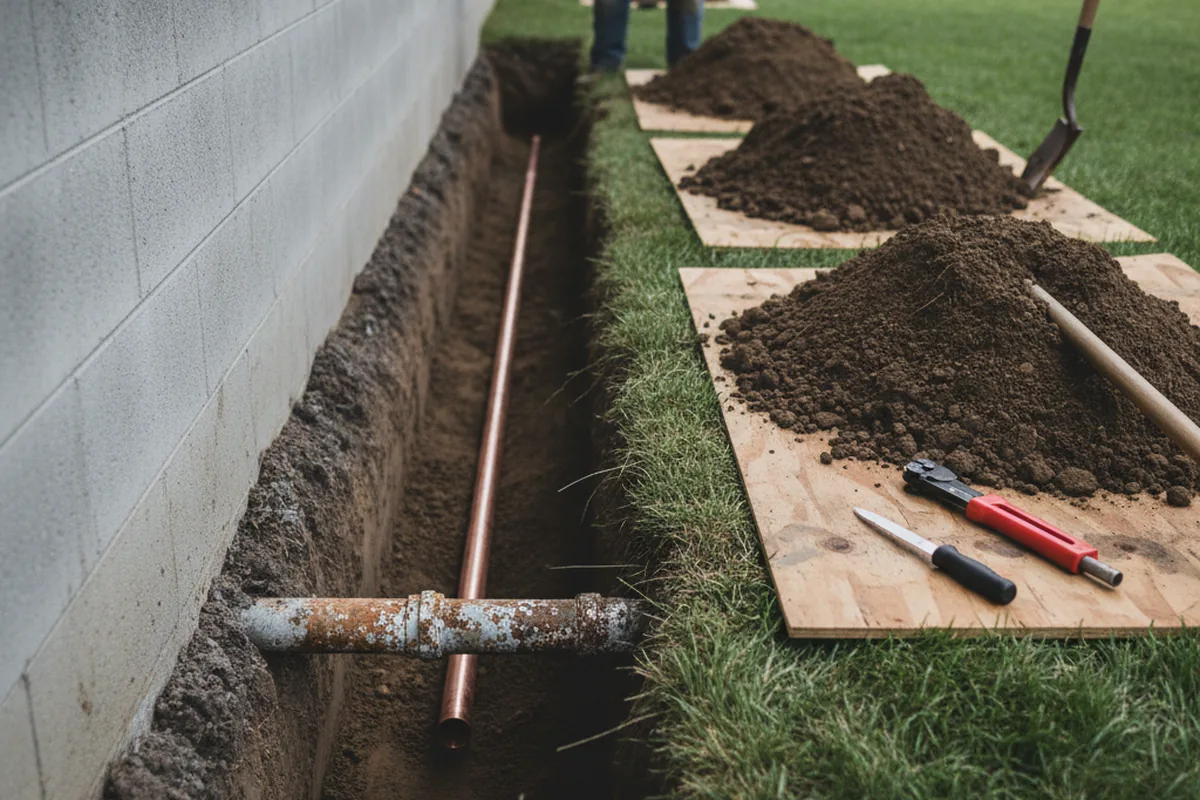 Excavated water line trench during Sewer Line Repair in Fields Landing